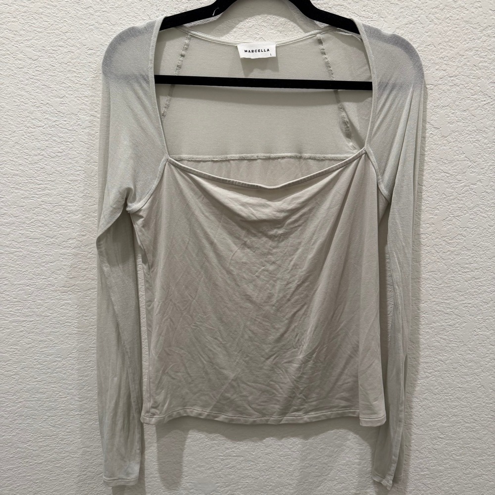 Marcella Women Long Sleeve Mesh Panel Square Neck Top Light Gray Large